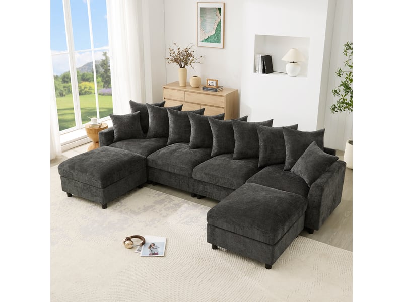 Canapé d'angle, canapé modulable, 6 places, en chenille, gris, repose-pieds, pour salon et séjour, usb - Conforama A