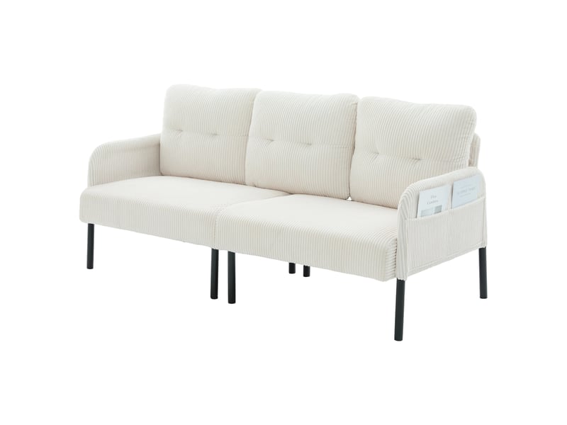  Canapé 3 places 171 x 72 x 80 cm, assise rembourrée, dossier haut, poches latérales, pieds en métal, velours côtelé, beige Seren Glow - Conforama A