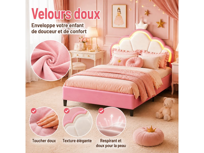  Lit pour enfant rembourré 140 x 200 cm,lit princesse avec tête de lit à couronne led, lit fille, réglage hauteur, velours rose  - Conforama E