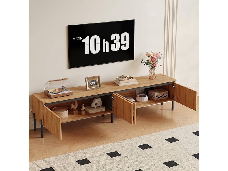  Meuble tv bois naturel 180 cm avec 4 portes ondulées et pieds en métal  - Conforama B
