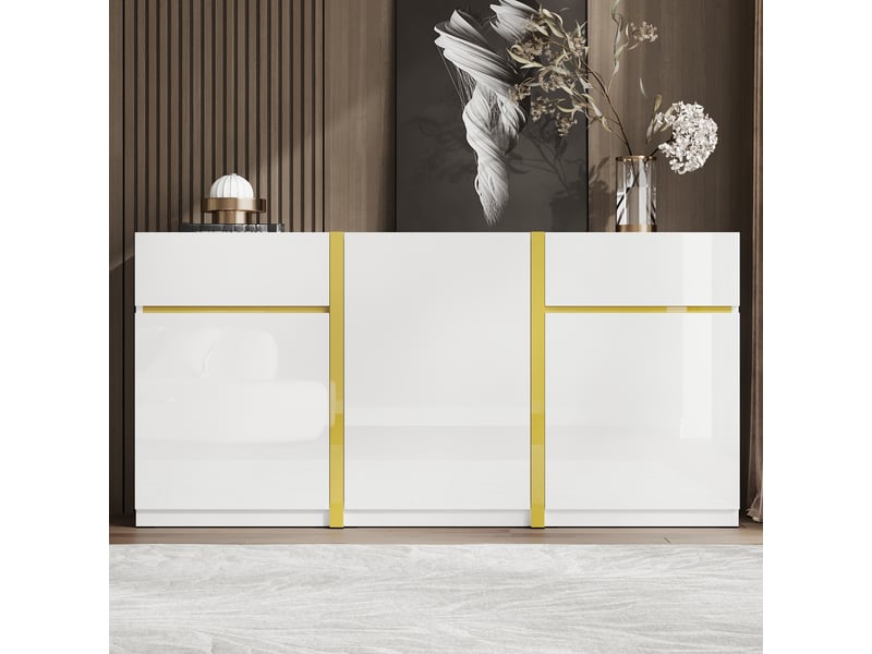 Buffet blanc laqué brillant 160x78cm, meuble rangement moderne 3 portes 2 tiroirs mdf - Conforama R