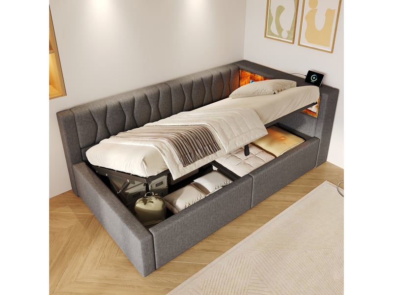  Lit banquette 90 x 200 cm avec coffre hydraulique, led dimmable, étagères, port usb, tête de lit réversible, revêtement gris, sans matelas  - Conforama D
