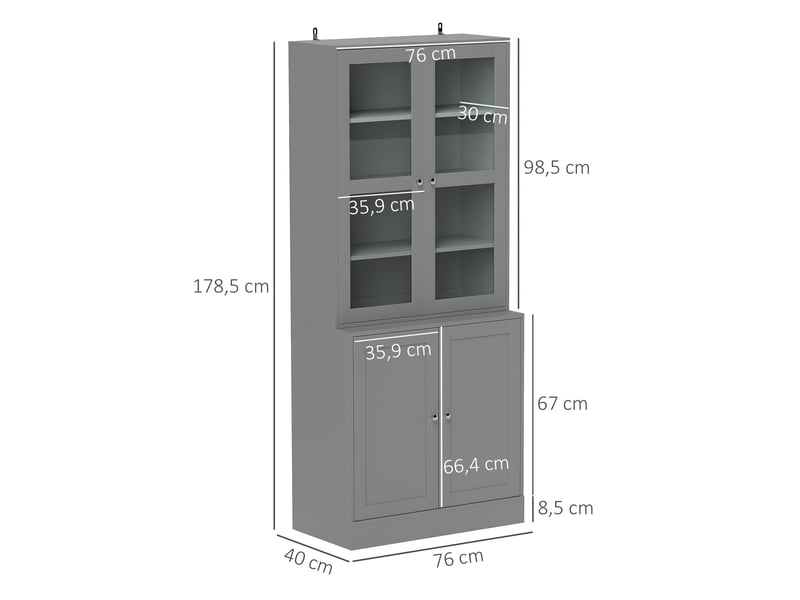 Bibliothèque vitrine, meuble de rangement à 6 niveaux avec 4 portes dont 2 en verre trempé, étagères réglables, gris - Conforama D