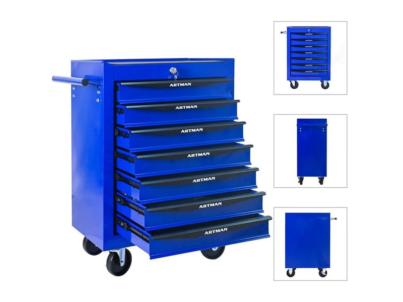  Boîte à outils à 7 tiroirs - noir &amp; bleu - acier - 24.6 kg - roues pivotantes - verrouillage à clé 52.4x33x65.6cm - Conforama D