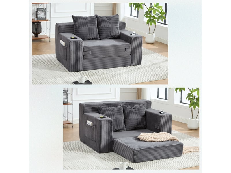 Canapé droit 2 places en velours côtelé gris avec poches latérales, 151 cm Fay Lum - Conforama B
