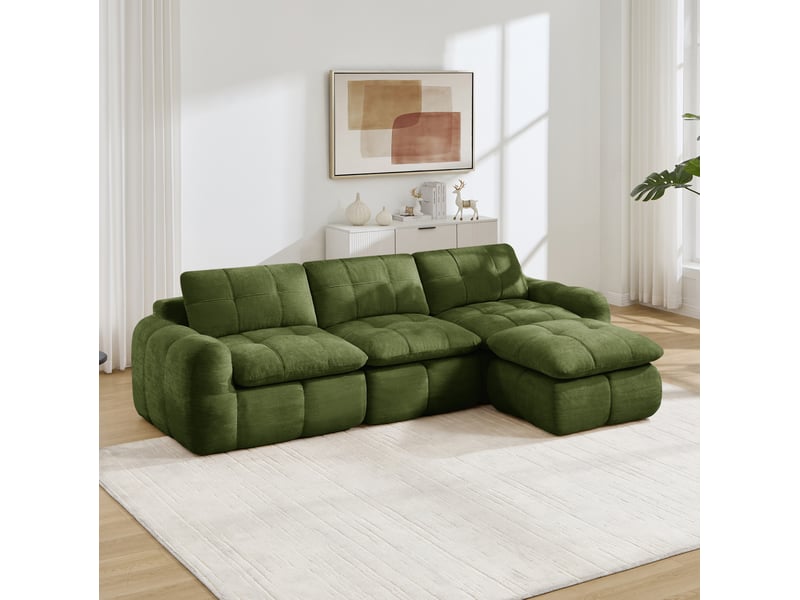 Canapé d'angle modulaire 3 places avec pouf, sans cadre et mousse haute densité, en chenille vert, 264 × 160 × 68 cm - Conforama B