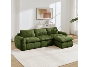 Canapé d'angle modulaire 3 places avec pouf, sans cadre et mousse haute densité, en chenille vert, 264 × 160 × 68 cm