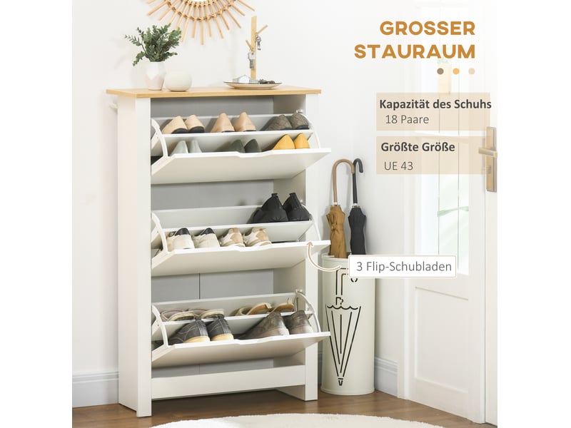  Meuble à chaussures avec 3 compartiments rabattables, plateau de rangement, pour entrée, blanc, 72 × 26 × 112 cm  - Conforama C