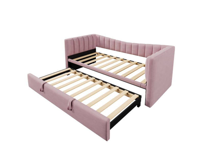  Lit gigogne 90x200 cm, lit enfant avec sommier à lattes, en velours rose, sans matelas  - Conforama E