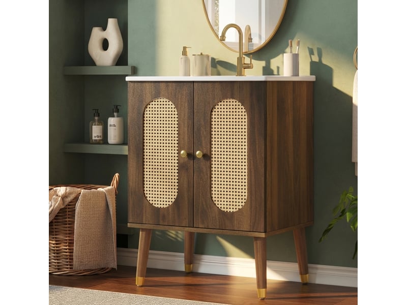  Meuble sous vasque 61x47x89 cm en mdf finition noyer avec vasque en céramique  - Conforama B
