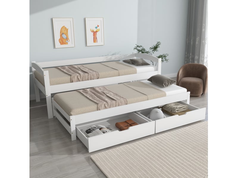  Lit gigogne 90x190200 cm, 2 tiroirs, roulettes sous le lit, bois et mdf, blanc sans matelas  - Conforama E