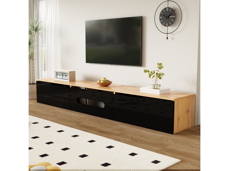  Meuble tv 3 portes avec led et fermeture douce pour salon 180×35×30 cm en mdf noir et bois  - Conforama C