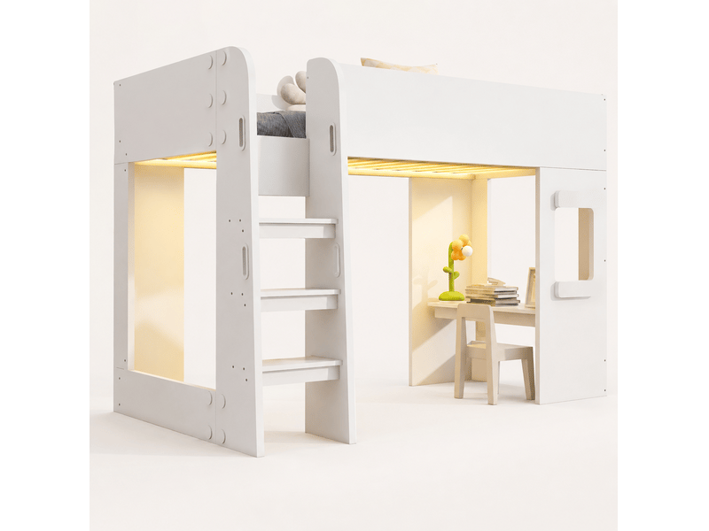  Lit mezzanine enfant 90 × 200 cm 1 place avec bureau, led et échelle sécurisée, sans matelas, blanc  - Conforama A