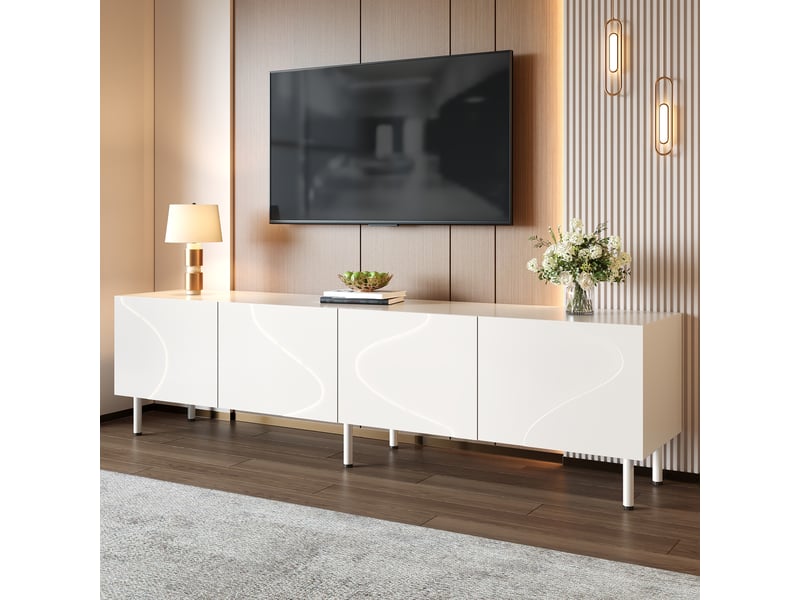  Meuble tv bas 170 cm, finition blanc, avec façades en relief  - Conforama D