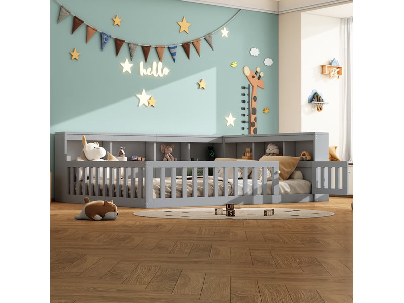 Lit enfant 140x200 cm, canapé-lit, rangement, prise et usb, sommier, aggloméré, gris, sans matelas - Conforama B