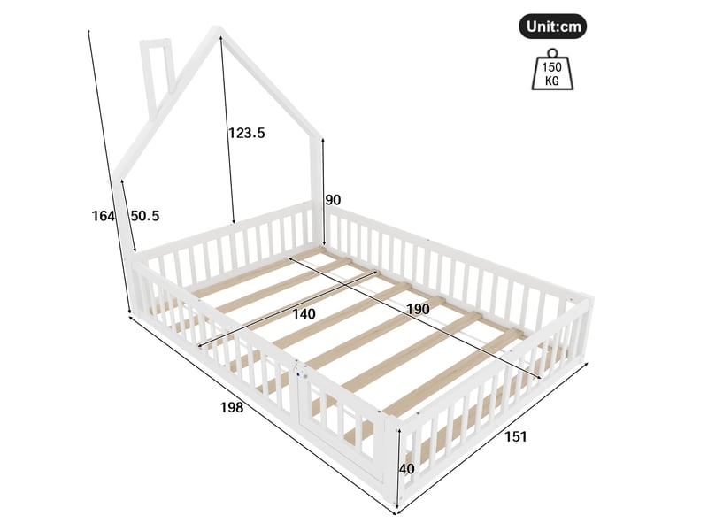  Lit enfant 140 x 190 cm forme cheminée, sommier à lattes et barrières, blanc  - Conforama C