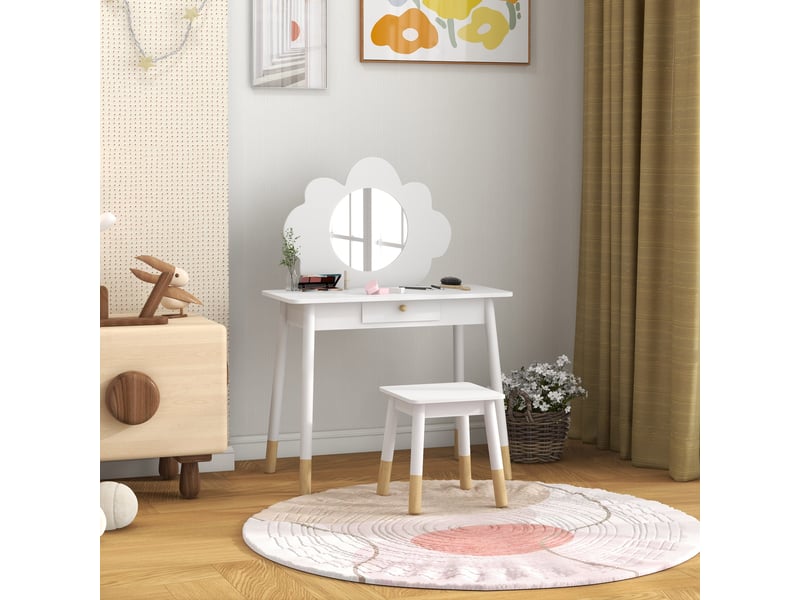  Ensemble coiffeuse pour enfant avec tabouret, miroir forme de nuage, coiffeuse 2 pièces pour enfants de 3 à 6 ans, blanc  - Conforama W