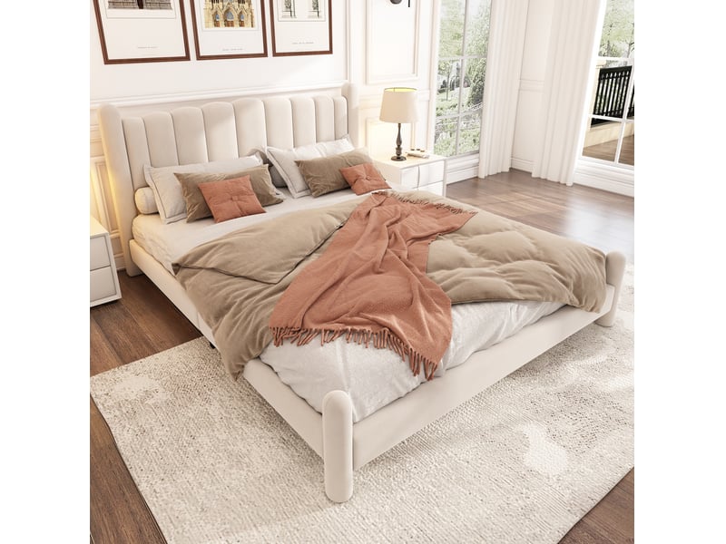  Lit 160x200 cm avec sommier à lattes et tête de lit à motif éventail, pieds cylindriques, beige, sans matelas  - Conforama D