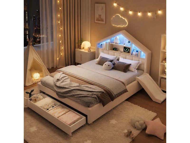 Lit cabane enfant rembourré 140x200 cm en velours avec toboggan réversible, led, usb, étagères et tiroir de rangement - beige - Conforama B
