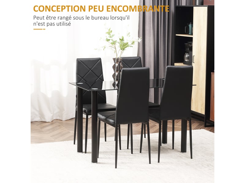  Ensemble de table à manger avec 4 chaises plateau en verre trempé, pour cuisine salon noir, pieds en acier  - Conforama R