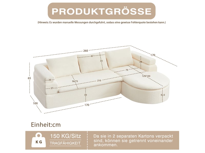 Canapé d'angle 3 places avec méridienne arrondie et coussins de dossier, en chenille beige crème, 260 × 170 × 65 cm - Conforama C