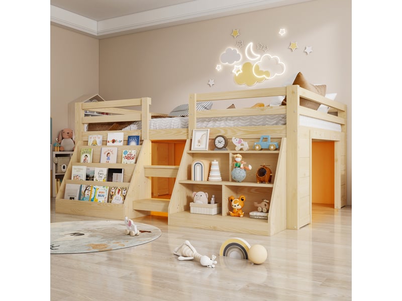 Lit enfant 140 x 200 cm – avec étagères de rangement – avec barrières de sécurité – avec échelle – avec éclairage led – naturel (matelas non inclus) - Conforama D