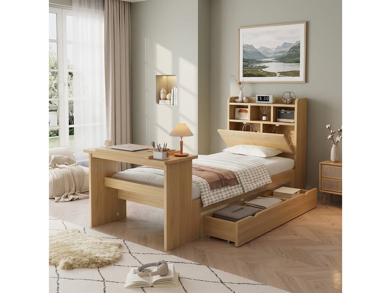  Lit simple 90x200 cm, lit enfant, tiroirs, étagères, bois naturel  - Conforama R