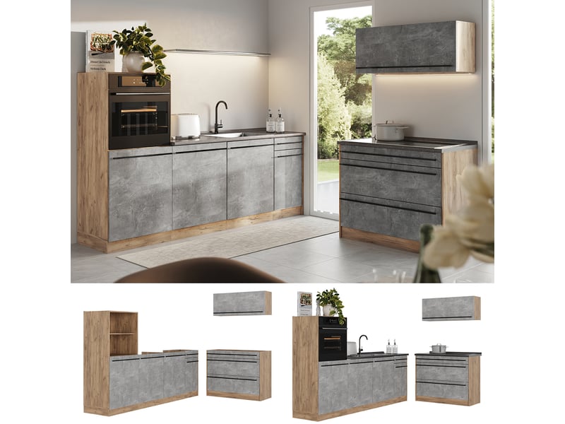  Vicco cuisine, bétonchêne doré, 220cm plan de travail chêne doré  - Conforama D