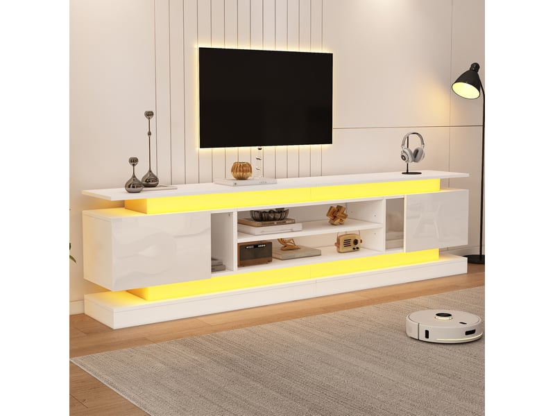 Meuble tv avec led, 2 portes, blanc brillant, 180x35x60 cm - Conforama W