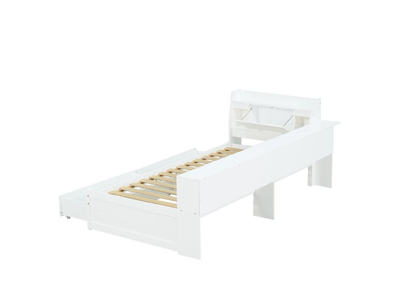  Lit enfant 90x200 cm avec 2 tiroirs, rangement, 2 lampes et prise, en bois blanc, sans matelas  - Conforama E