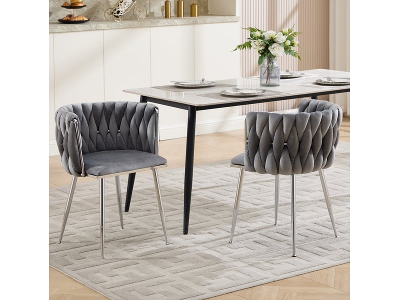  Lot de 2 chaises de salle à manger avec revêtement en velours  grises, piètement en métal argenté  - Conforama D