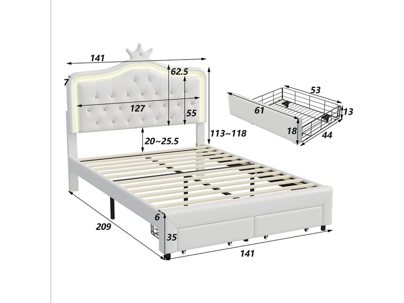  Lit enfant 140x200, lit simple, éclairage led et 2 tiroirs de rangement,  tête de lit couronne ajustable, blanc  - Conforama E