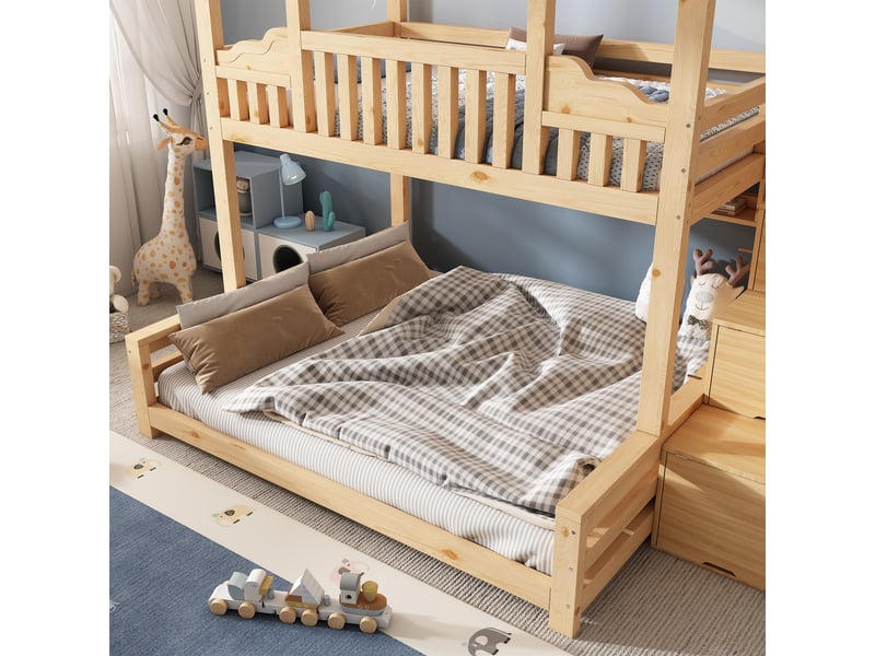  Lit superposé cabane 90x200+140x200 cm avec toit diamant, escalier avec rangement, étagères, sommier à lattes, cadre en bois - naturel (sans matelas)  - Conforama E
