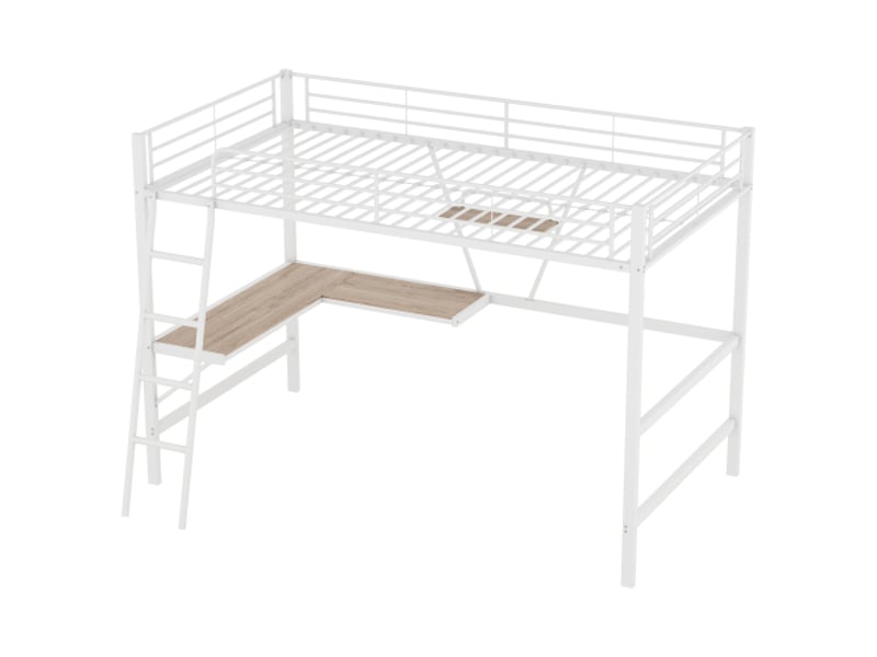  Lit mezzanine 90x200 cm, avec bureau en l et étagère, en métal, blanc, sans matelas  - Conforama E