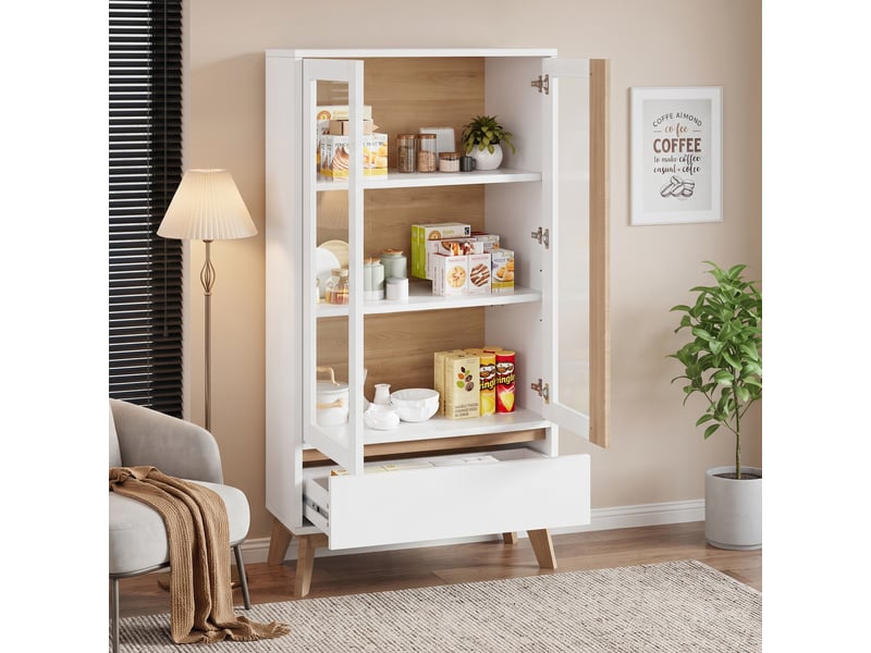 Meuble de rangement cuisine 80x40x150 cm avec portes, tiroir et étagères réglables, buffet haut scandinave en panneaux de particules - blanc - Conforama C