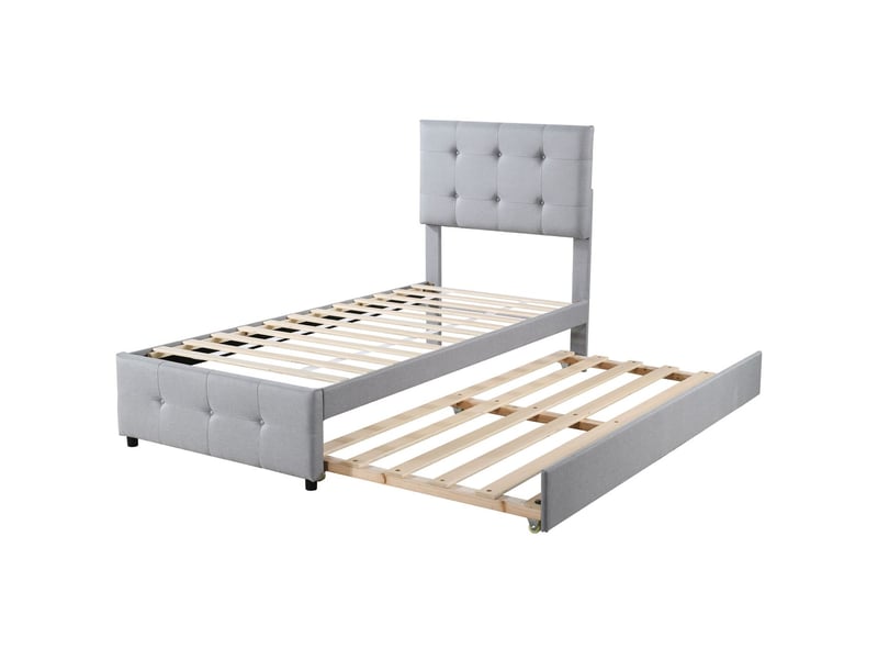  Lit gigogne 90x200 cm en lin gris doux respirant et capitonné - lit double - tête de lit réglable, lit enfant et invité, gain place  - Conforama D