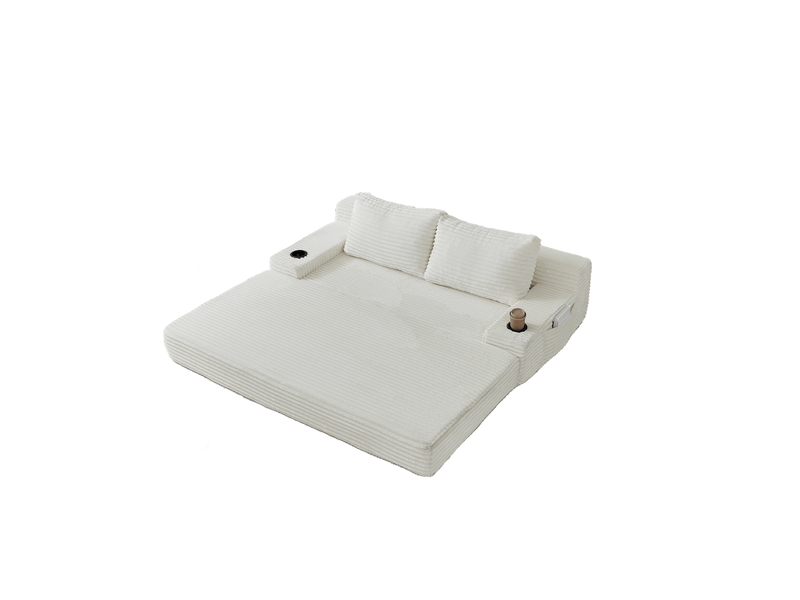  Canapé droit convertible 2 places en velours côtelé beige 180 x 85 x 62 cm avec porte-gobelets et rangements  - Conforama A