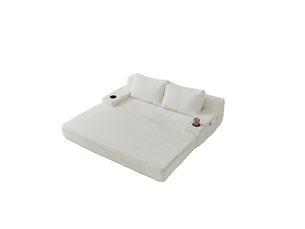Canapé droit convertible 2 places en velours côtelé beige 180 x 85 x 62 cm avec porte-gobelets et rangements