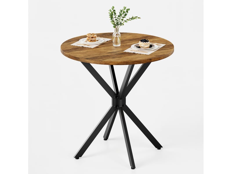  Elvmi table ronde style campagne pour 2 personnes plateau aspect chene retro brun pieds croises noirs en acier stable avec pieds reglables pour cuisine salle a manger salon et bureau a domicile 80 x 80 x 75 cm  - Conforama D