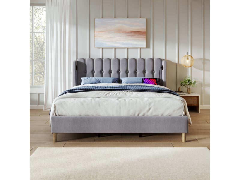  Lit adulte 2 places 160 × 200 cm avec usb, type c et tête de lit rembourrée, sans matelas, gris  - Conforama C