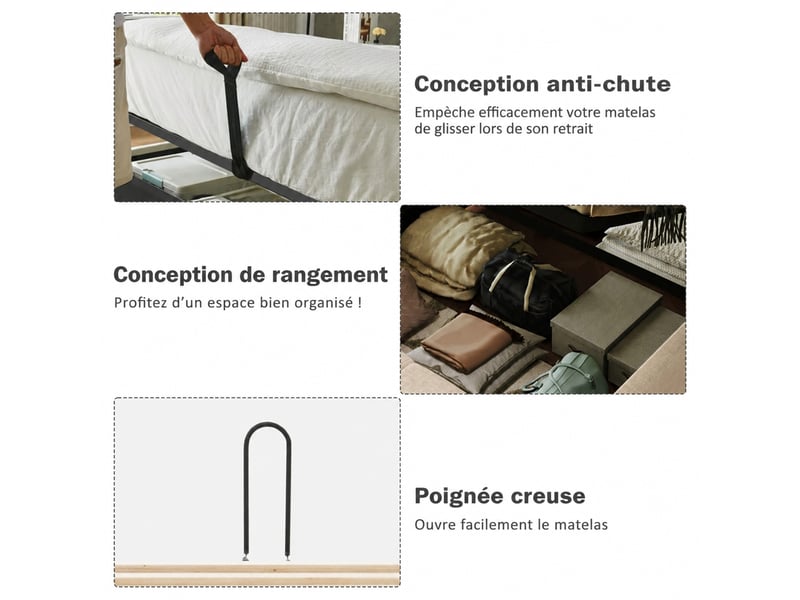  Lit coffre 160x200 en velours gris avec 2 chevets, liseuses usb et sommier à lattes  - Conforama E
