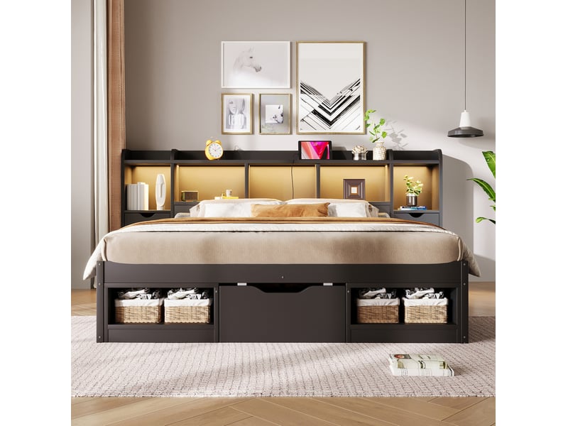  Lit plateforme 140x200 cm, tête et pied de lit avec rangements, led, port usb, mdf et contreplaqué, noir sans matelas  - Conforama B