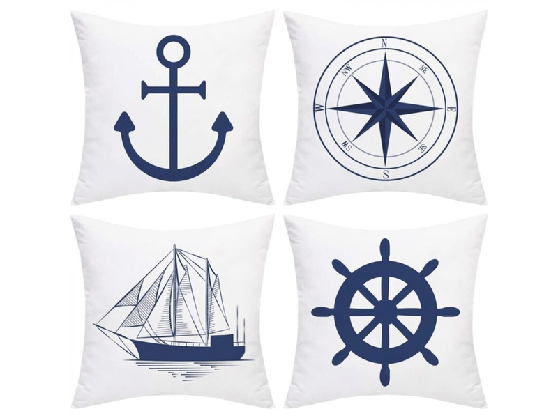  Lot de 4 housses de coussin nautique - ancre - navigation - boussole - 45 x 45 cm - style marin - blanc et bleu  - Conforama A