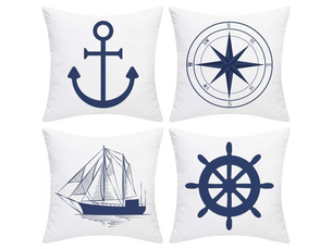 Lot de 4 housses de coussin nautique - ancre - navigation - boussole - 45 x 45 cm - style marin - blanc et bleu
