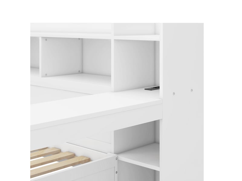  Lit simple 90x200 cm blanc avec bureau intégré, rangements, usb, 2 tiroirs – sans matelas  - Conforama E