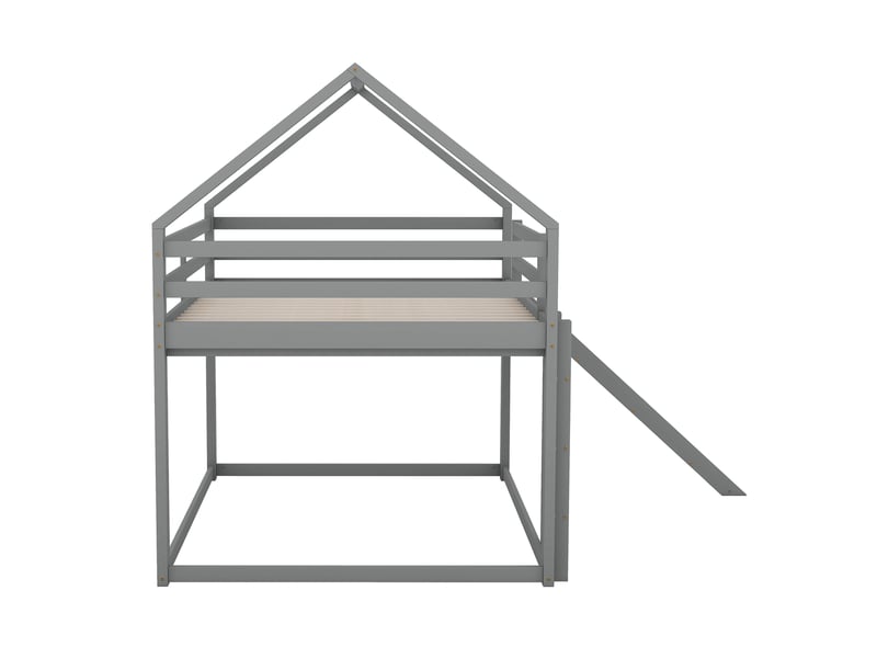 Lit superposé cabane enfant 200×140 cm pour chaque couchage, avec toboggan et échelle, en pin et mdf gris - Conforama E