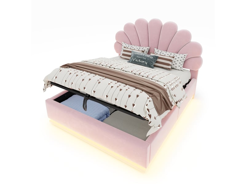  Lit coffre rembourré 140x200 cm coloris rose led velours  - Conforama A