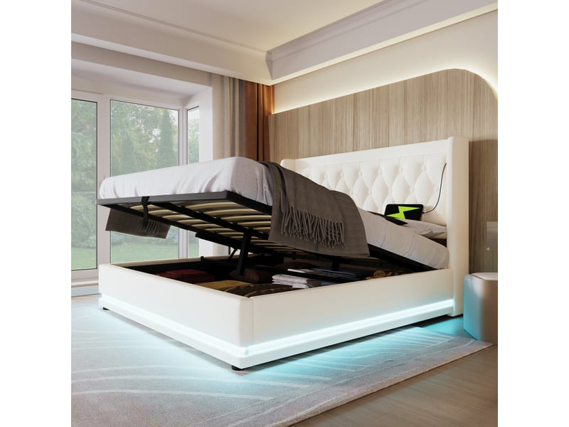  Lit double coffre hydraulique 180 x 200 cm blanc en pu avec led et ports usbtype-c  - Conforama D