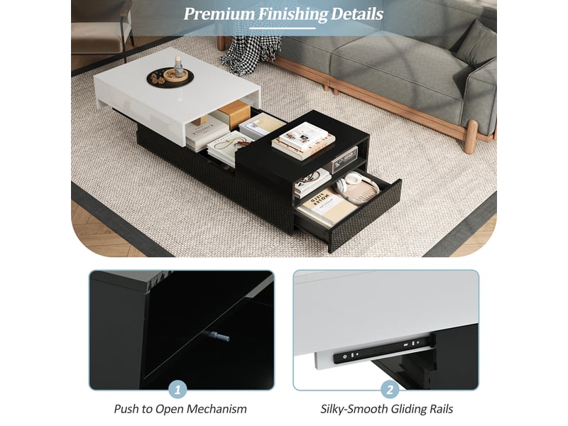  Table basse relevable avec 2 tiroirs et niche pour salon 100×50×38 cm en panneaux de particules noir et blanc  - Conforama C