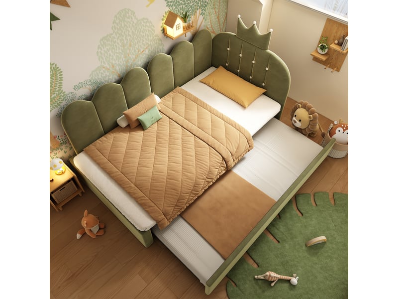  Lit gigogne 90x200 cm - lit 2 personnes avec lit tiroir 90x190 cm - velours - design couronne - vert  - Conforama B